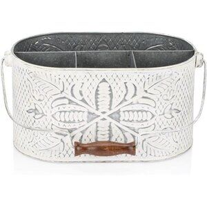 Distressed White Metal Caddy – Farmhouse Galvanized Kitchen Organizer
